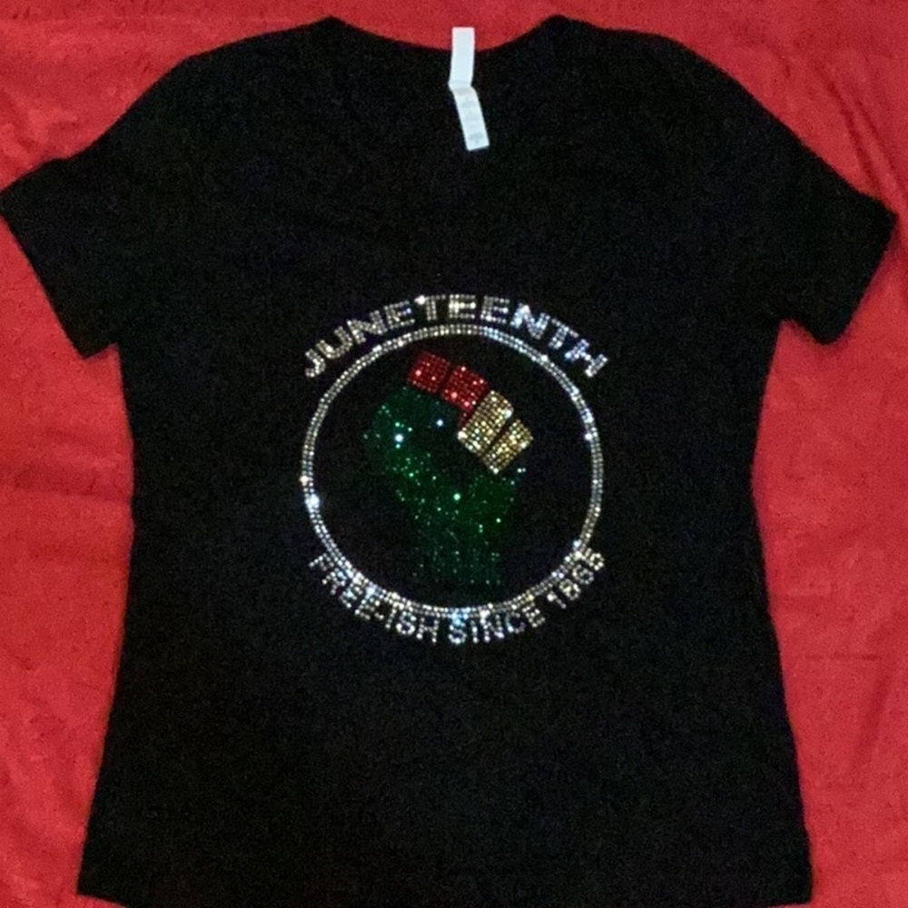 Juneteenth Rhinestone embellished V neck T shirt